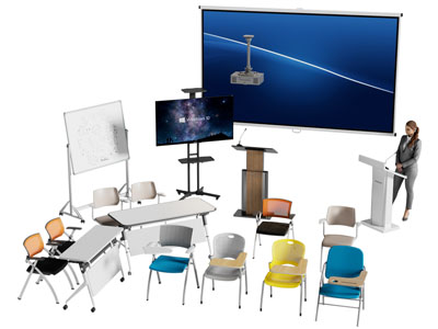 现代投影幕布 办公桌椅组合 会议椅子 讲台 支架电视机