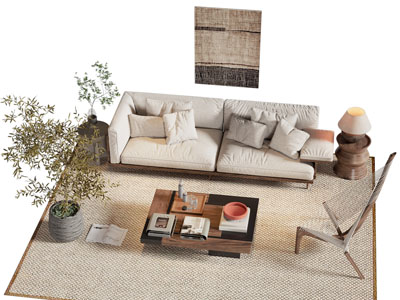 侘寂风布艺双人沙发 休闲椅子和茶几组合