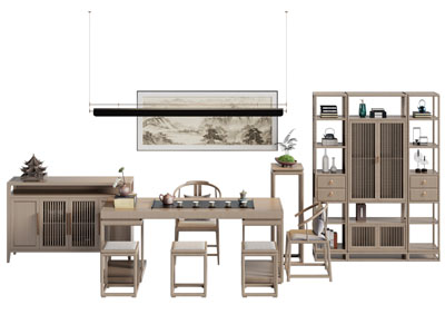 新中式茶桌椅组合 茶柜 博古架