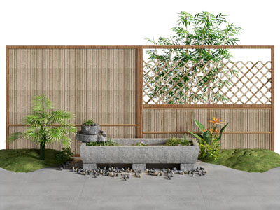 新中式竹编景墙 水池 花草景观园艺小品