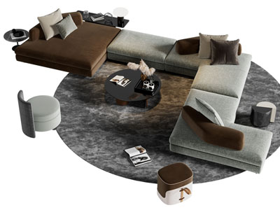 现代转角多人沙发 沙发凳子和茶几组合