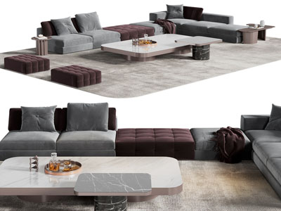 现代转角多人沙发 茶几组合3d模型 现代转角多人沙发 茶几组合