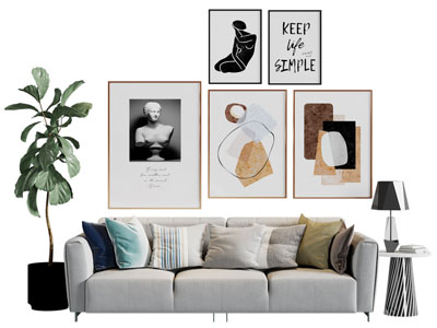 现代多人沙发 装饰挂画 边几3d模型 现代多人沙发 装饰挂画 边几