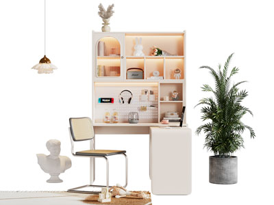 现代奶油风书桌椅组合3d模型 现代奶油风书桌椅组合