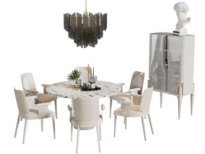 现代轻奢圆形餐桌椅组合 吊灯 边柜