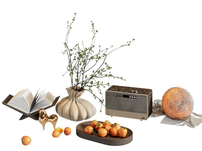 现代收音机 书本 水果 花瓶花卉摆件组合