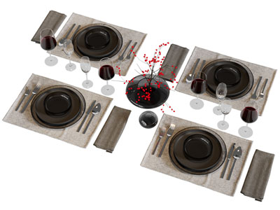 现代餐巾 碗碟刀叉 花瓶花卉餐具组合