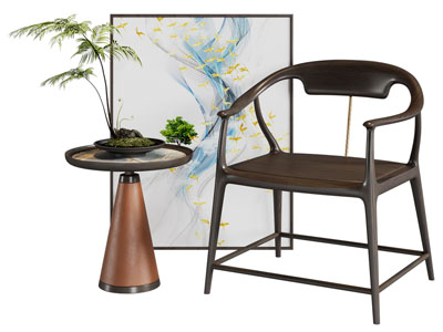 新中式扶手椅子 边几 地画