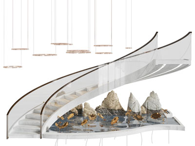 新中式楼梯 楼梯间水景石头园艺小品