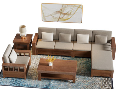 新中式转角多人沙发 茶几组合3d模型 新中式转角多人沙发 茶几组合