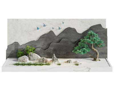 新中式山脉背景墙 松树景观园艺小品