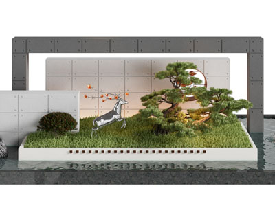 新中式景观墙 麋鹿 松树园艺小品