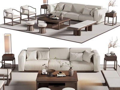 新中式奶油风多人沙发 扶手椅子和茶几组合