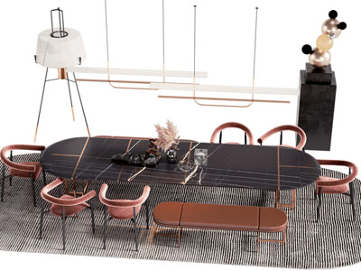 现代椭圆形餐桌椅组合