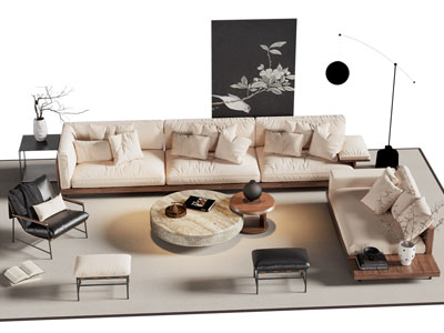 侘寂风转角多人沙发 休闲椅子和茶几组合3d模型 侘寂风转角多人沙发 休闲椅子和茶几组合