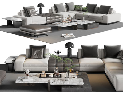 现代转角多人沙发 脚踏和茶几组合