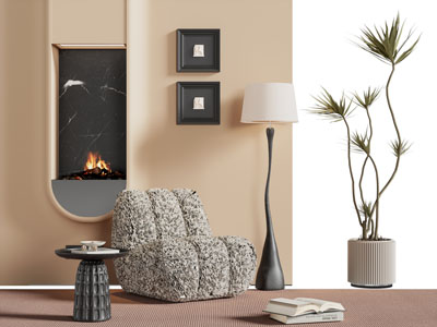 法式单人沙发 边几 落地灯 背景墙