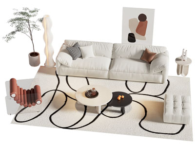 现代奶油风双人沙发 沙发凳和茶几组合