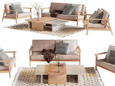 北欧双人沙发 单人沙发和茶几组合