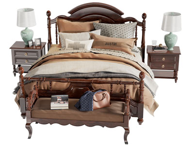 美式双人床 床头柜 床尾凳