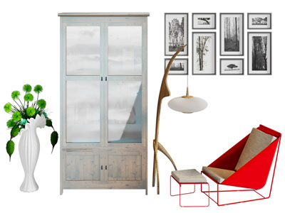 现代书柜 休闲椅子 脚踏 挂画