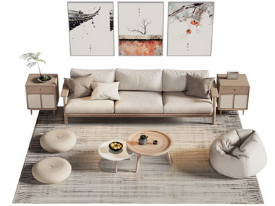 新中式多人沙发 懒人沙发和茶几组合