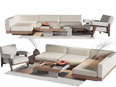 新中式转角多人沙发 休闲椅子和茶几组合