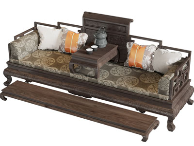 新中式实木罗汉床3d模型 新中式实木罗汉床