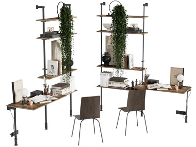 现代中古风书架 书桌椅组合3d模型 现代中古风书架 书桌椅组合