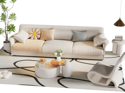 现代奶油风多人沙发 休闲椅子和茶几组合