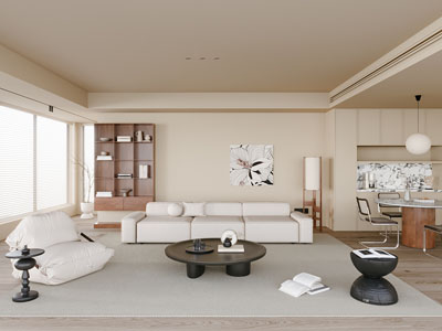 现代奶油风客厅餐厅3d模型 现代奶油风客厅餐厅