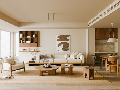 现代中古风客厅餐厅3d模型 现代中古风客厅餐厅