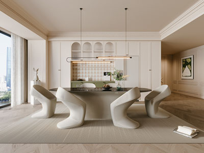 现代奶油风餐厅3d模型 现代奶油风餐厅