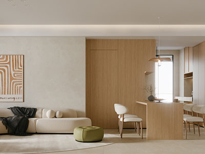 现代原木风客厅餐厅3d模型 现代原木风客厅餐厅
