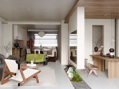 侘寂风中古客厅餐厅 茶室3d模型 侘寂风中古客厅餐厅 茶室