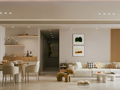 现代奶油风客厅餐厅 过道3d模型 现代奶油风客厅餐厅 过道