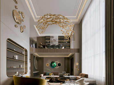 新中式别墅挑高客厅3d模型 新中式别墅挑高客厅