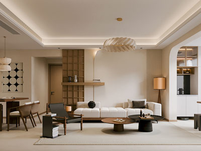 现代中古风客厅餐厅3d模型 现代中古风客厅餐厅