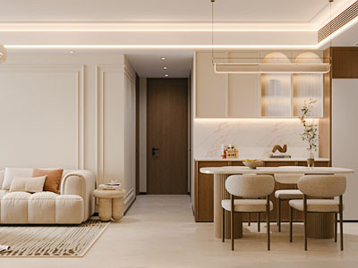 现代奶油风客厅餐厅3d模型 现代奶油风客厅餐厅