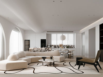 现代奶油风客厅餐厅3d模型 现代奶油风客厅餐厅