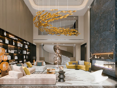 现代别墅挑高客厅3d模型 现代别墅挑高客厅