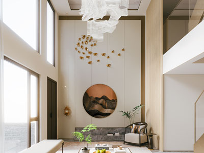 新中式别墅挑高客厅3d模型 新中式别墅挑高客厅