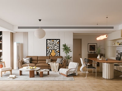 现代中古风客厅餐厅3d模型 现代中古风客厅餐厅