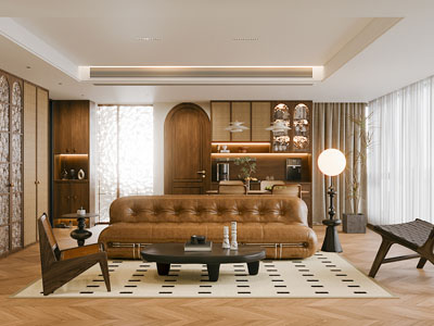 现代中古风客厅餐厅3d模型 现代中古风客厅餐厅