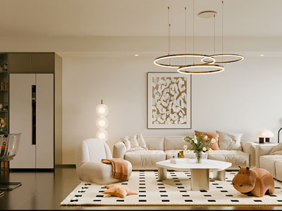 现代奶油风客厅餐厅3d模型 现代奶油风客厅餐厅