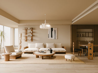 现代中古风客厅餐厅3d模型 现代中古风客厅餐厅