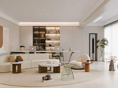 现代奶油风客厅 书房3d模型 现代奶油风客厅 书房