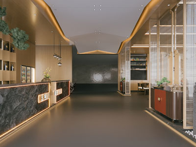 新中式饭店餐馆收银台 前台接待 过道