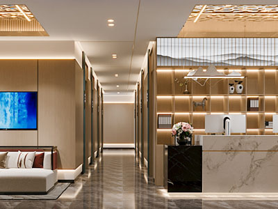 新中式酒店前台接待区 走廊过道
