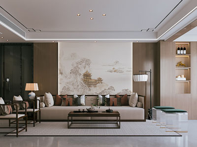 新中式客厅餐厅3d模型 新中式客厅餐厅